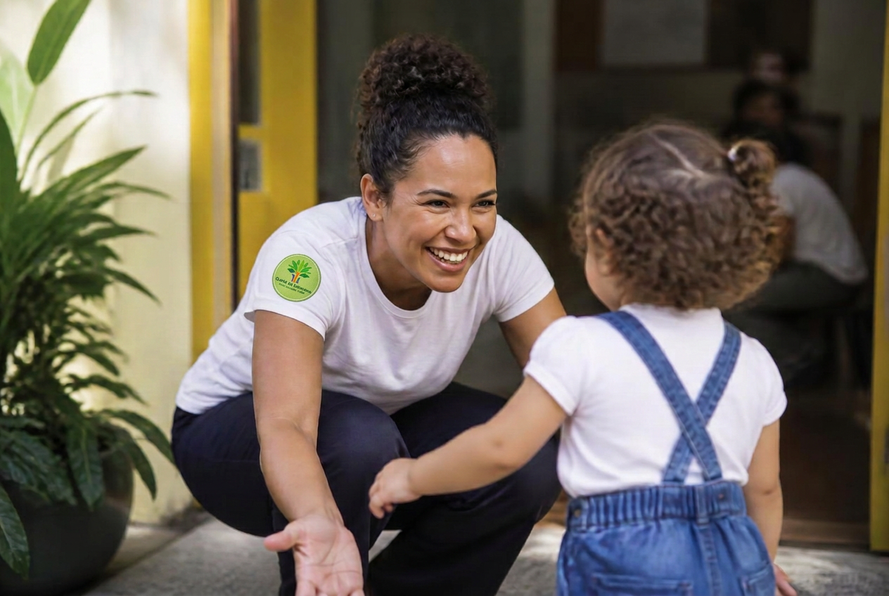 Educadora acolhendo uma criança na entrada da escola